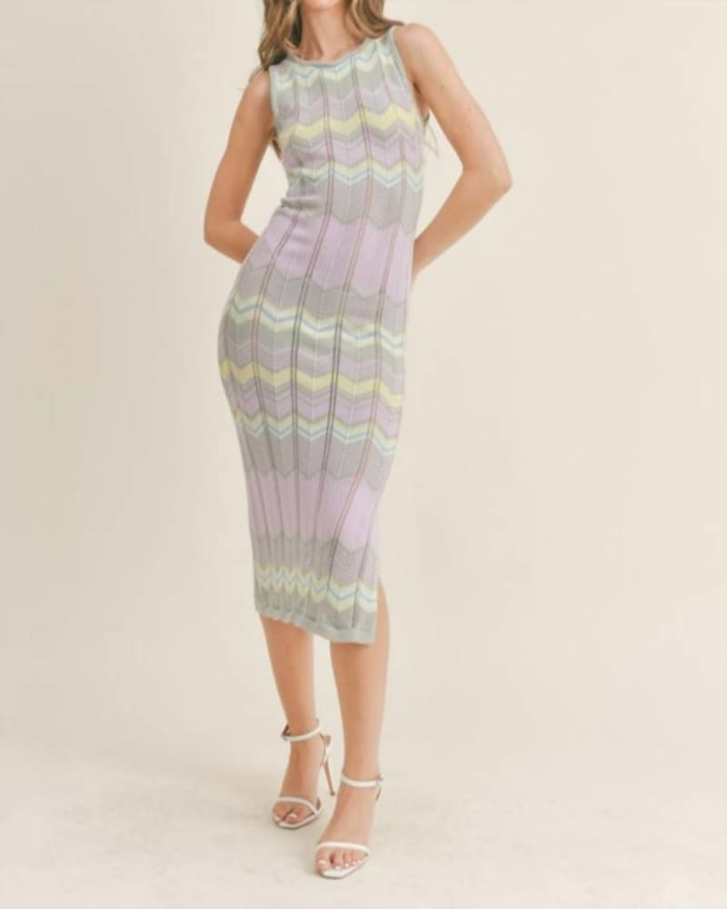 Front of a model wearing a size L Crochet Knit Dress In Gray, Lavender, Yellow, Blue in Gray, Lavender, Yellow, Blue by MABLE. | dia_product_style_image_id:350558